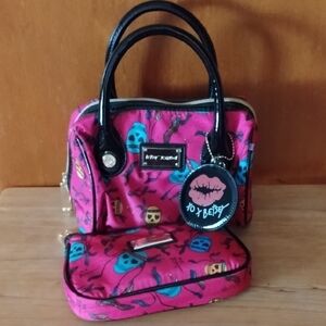 Betsey Johnson Pink and Black Skull Satchel Set